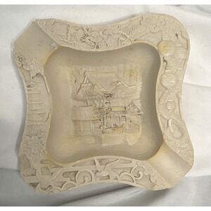 Vintage Asian Relief Carved Pagoda Temple Resin Ashtray Cream Dragon Border